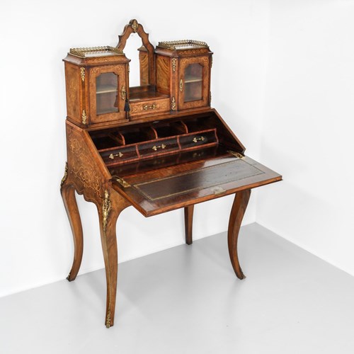  19Th Century Burr Walnut And Marquetry Bonheur Du Jour Writing Table Desk 