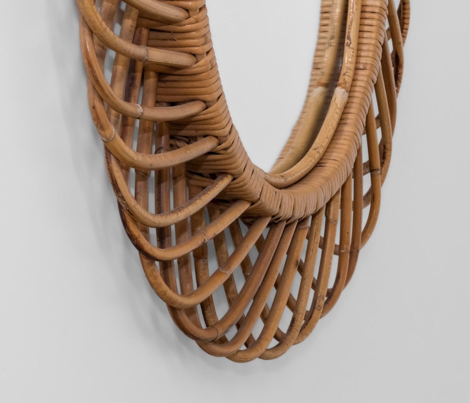 1960S Italian Rattan And Bamboo Large Oval Mid Century Wall Mirror