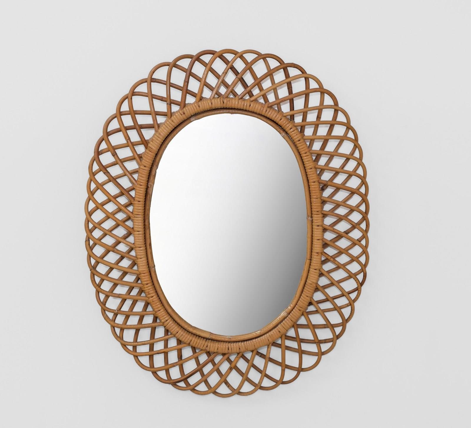 1960S Italian Rattan And Bamboo Large Oval Mid Century Wall Mirror