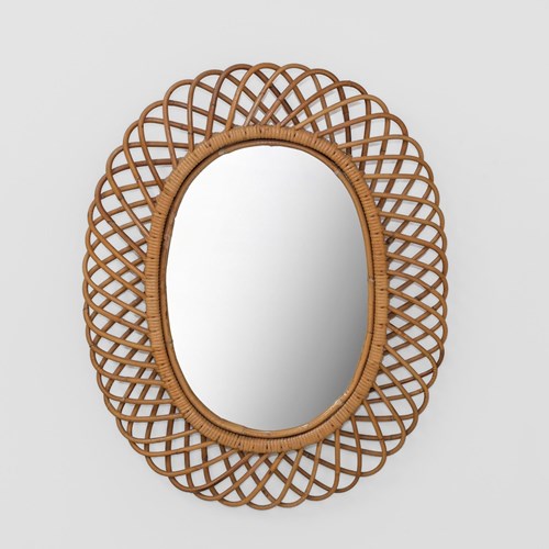 1960S Italian Rattan And Bamboo Large Oval Mid Century Wall Mirror