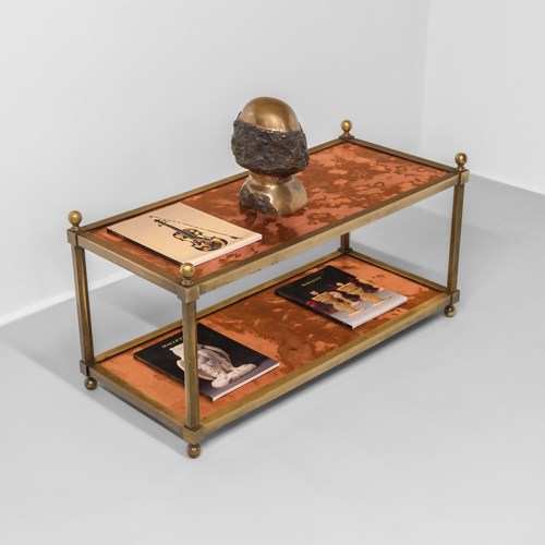 Brass & Acid Etched Copper Etagere Coffee Cocktail Table French Circa 1970