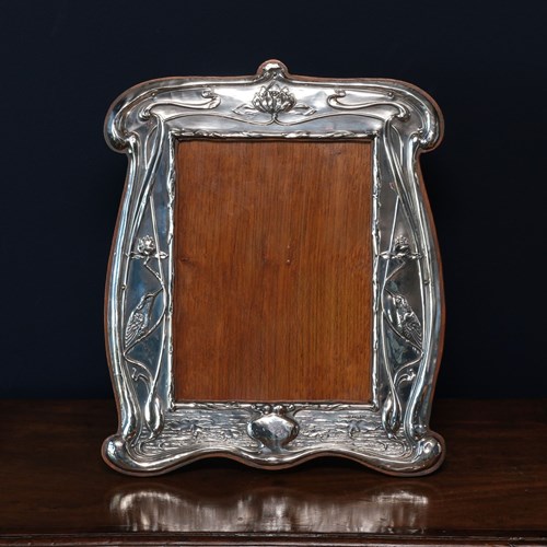 Large Art Nouveau Sterling Silver Photograph Frame Embossed With Kingfishers 