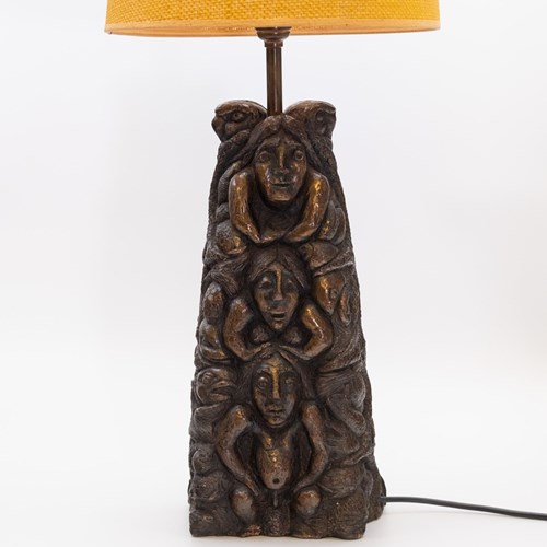 Large Bronzed Pottery Figurative Totem Tribal Form Double Sided Table Lamp 1970S