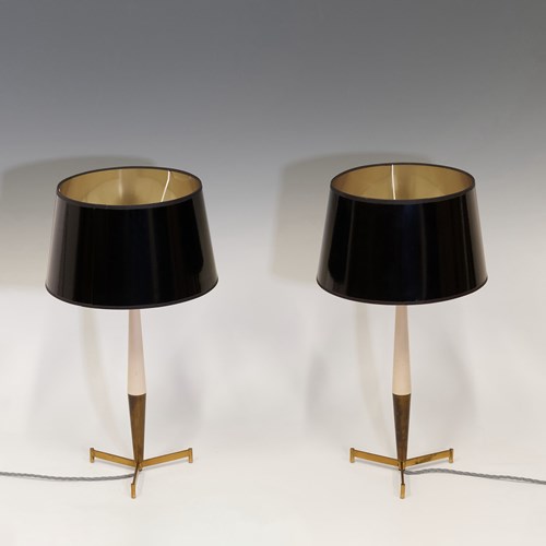 Pair Mid Century Diabolo Shaped Brass Table Lamps Circa 1950 Rewired