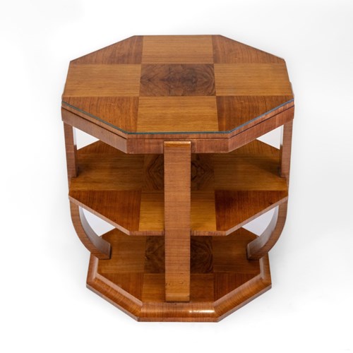 Stylish Art Deco Geometric Pattern Walnut Large Octagonal Coffee Table