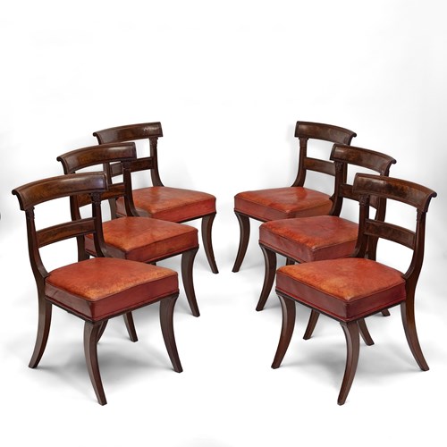 Set Of Six Regency Sabre Leg Mahogany Dining Chairs With Leather Seats C. 1825