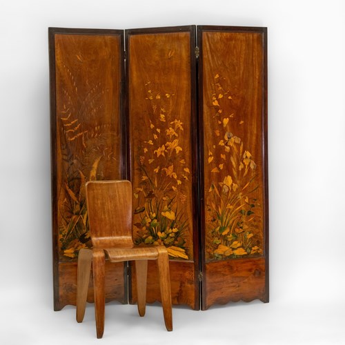 Art Nouveau Fruitwood Inlaid Botanical Panel Folding Screen Room Divider