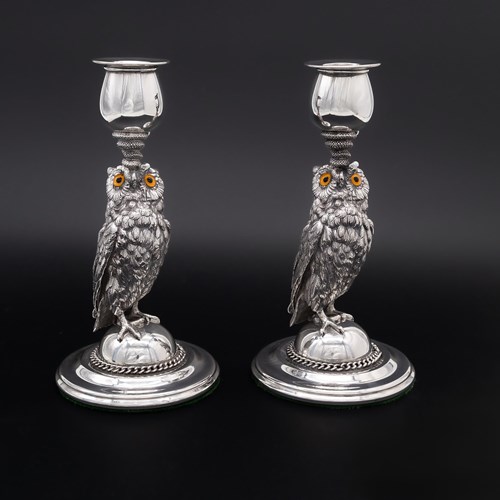 Pair Of 1920S Silver Plated Owl Candlesticks By Joseph Rodgers Sheffield