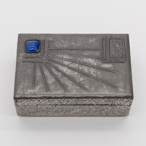 Art Deco /Arts & Crafts Pewter Small Box With Blue Glass Cabochon 