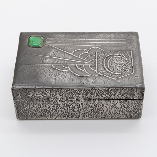 Art Deco /Arts & Crafts Pewter Box With Green Cabochon Sunset