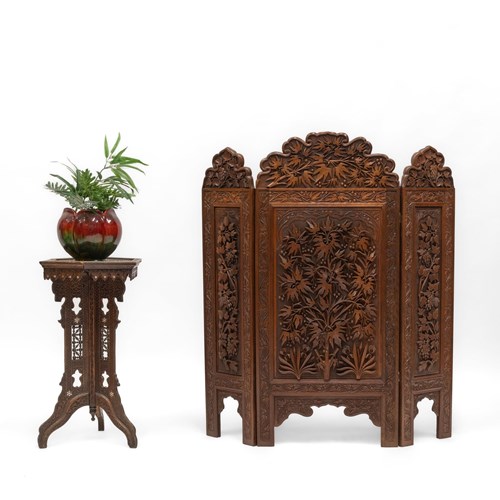 19Th Century Anglo Indian Finely Carved Teak Folding Low Screen Circa 1890