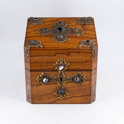 Gothic Revival Olive Wood & Banded Agate Cabochons Jewellery Casket Box 