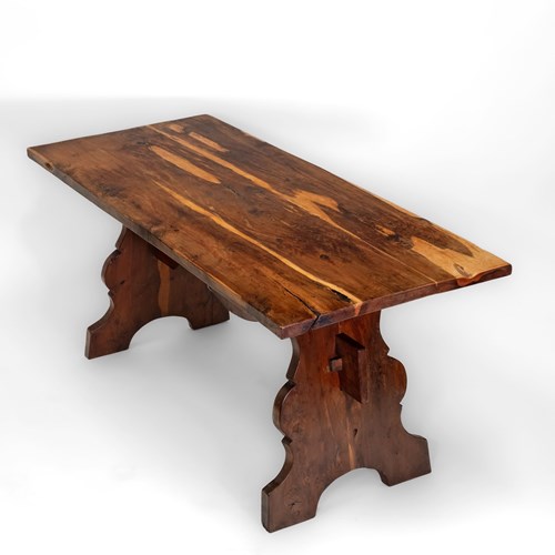 Vintage Yew Wood Plank Top Trestle Table