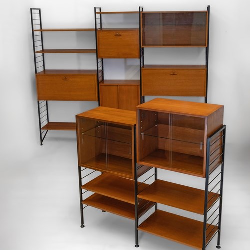 Mid Century Ladderax Six Bay Shelving System, Desk Drinks Cabinet Staples