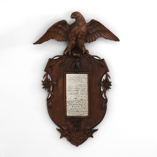 19Th Century Small Carved Walnut Black Forest Perched Eagle Wall Mirror