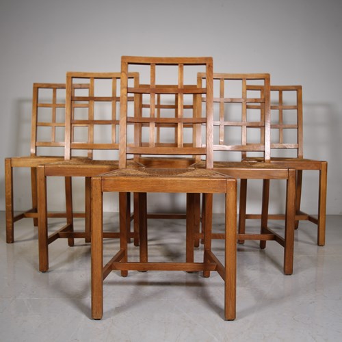 Set Of Six Heals Antique Oak Dining Chairs – Lattice Back