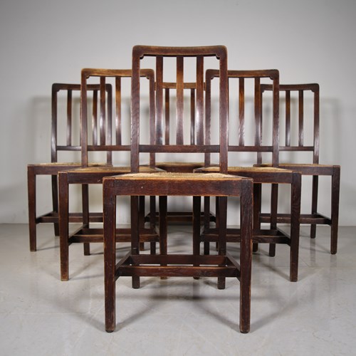 Set Of Six 1920’S Heals Of London Oak Dining Chairs – Labelled 
