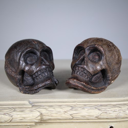 Pair Of Antique Treen Momento Mori Carved Skulls 