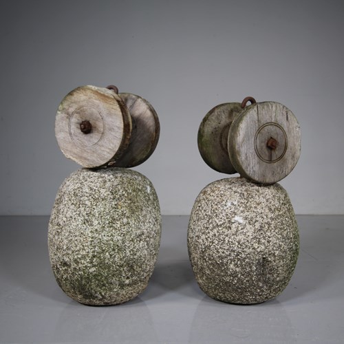 Rare Pair Of 18Th Century Antique Turret Clock Granite Weights