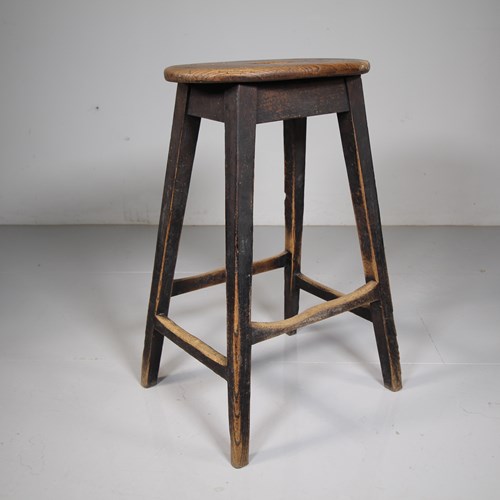 Tall English 19Th Century Antique Elm Stool 