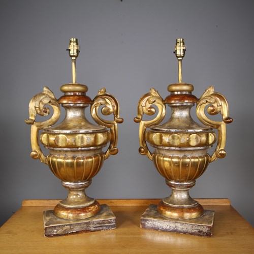 Large Pair Of 19Th Century Carved Pine & Gilt Antique Urn Lamps 