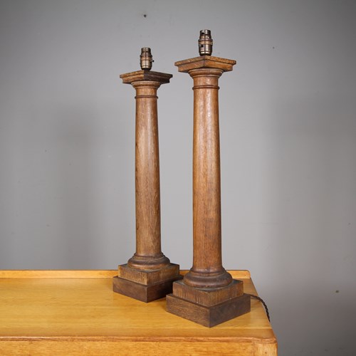 Tall Pair Of Edwardian Antique Oak Column Table Lamps 