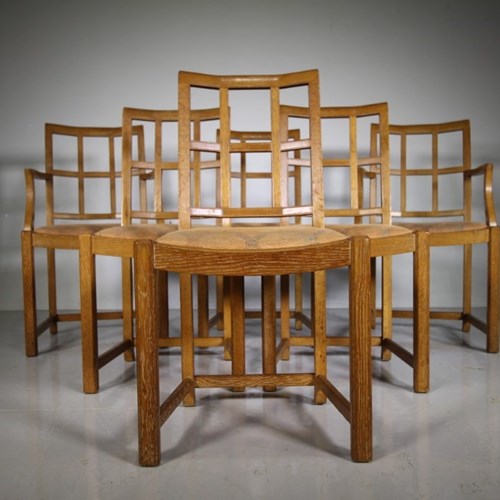Set Of Six Heals 1920’S Oak Lattice Back Dining Chairs