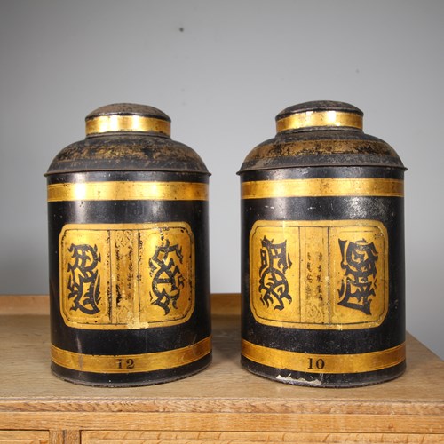 Pair Of English 19Th Century Antique Toleware Tea Canisters – Stamped