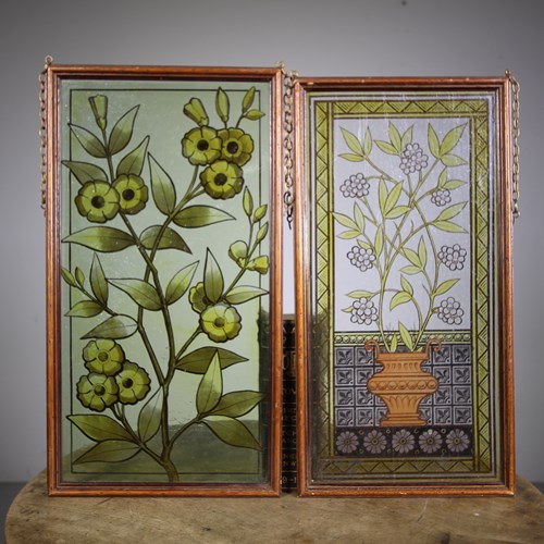 Pair Of Antique Arts & Crafts Hand Painted Glass Panels