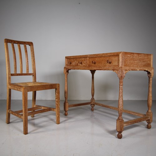 Heals Edwardian Antique Oak Writing Table & Matching Chair 