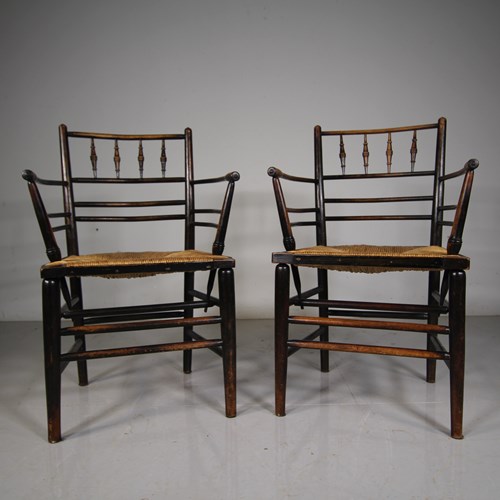 A Rare True Pair 19Th Century Antique Sussex Chairs By William Morris