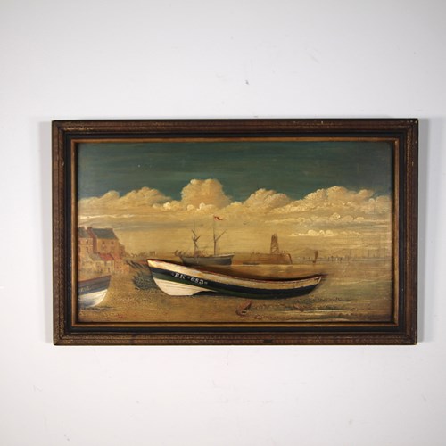 Antique 19Th Century Diorama Guiding Star Boat In Berwick Harbour