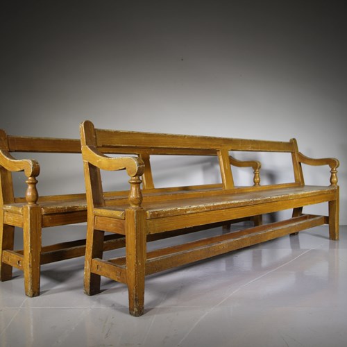 Large English Original Painted Pine Antique Platform Benches – Two Available