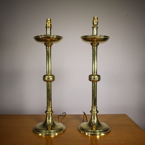 Tall Pair Of English 19Th Century Antique Brass Table Lamps
