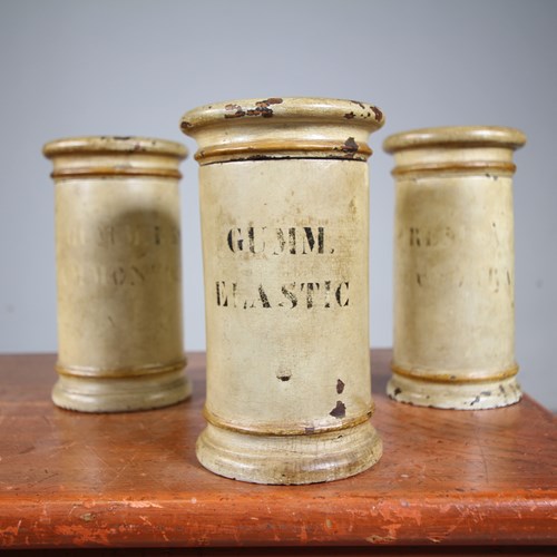 Set Of Three Box Wood 19Th Century Antique Chemist Jars