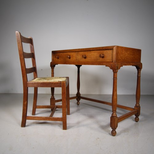 Heals Edwardian Antique Oak Writing Table & Matching Chair