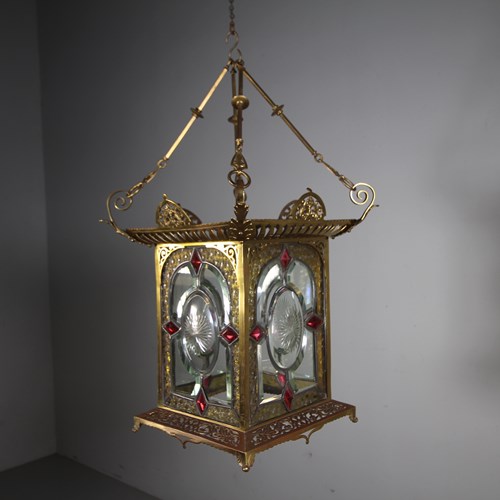 Large English 19Th Century Antique Cast Brass & Glass Lantern 
