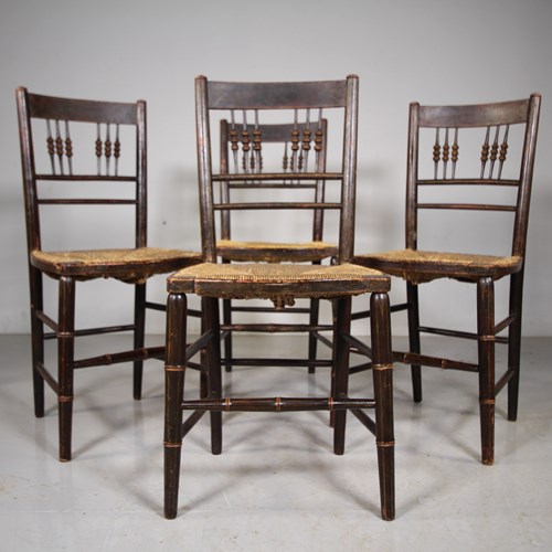Set Of Four Regency Antique Faux Bamboo Chairs In Original Paint