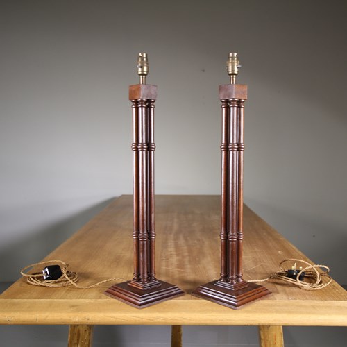 Pair Of Antique Mahogany Cluster Column Table Lamps 