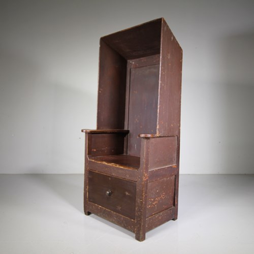 Rare Georgian Antique Painted Pine Hooded Lambing Chair