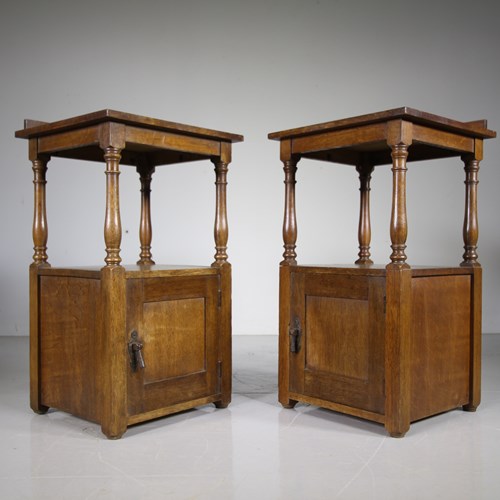 Rare Pair Of Heals Antique Oak Newlyn Bedside Cabinets – Stamped