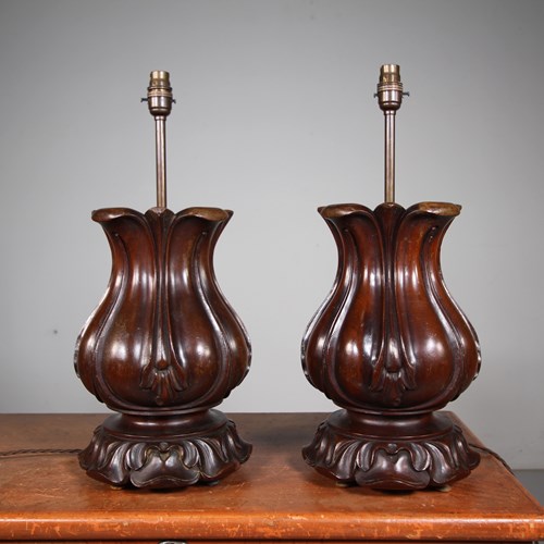 Large Pair Of English William IV Antique Mahogany Table Lamps