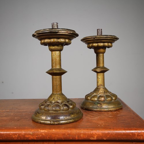 Pair Of 19Th Century Antique Treen & Gilt Candlesticks