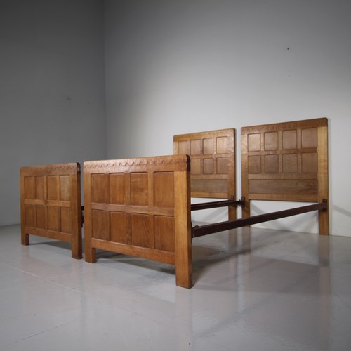 Pair Of Late 30'S Mouseman Adzed Oak Single Beds 