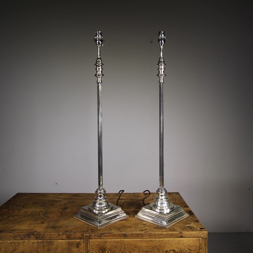 Pair Tall Edwardian Antique Silver Table Lamps- Rewired