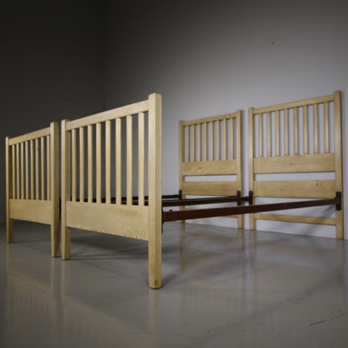 Pair Of Early Heals Antique Pine Single Beds – Labelled
