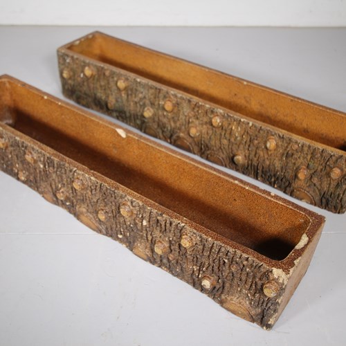 Pair Of Wonderful English Antique Faux Wood Terracotta Window Troughs 