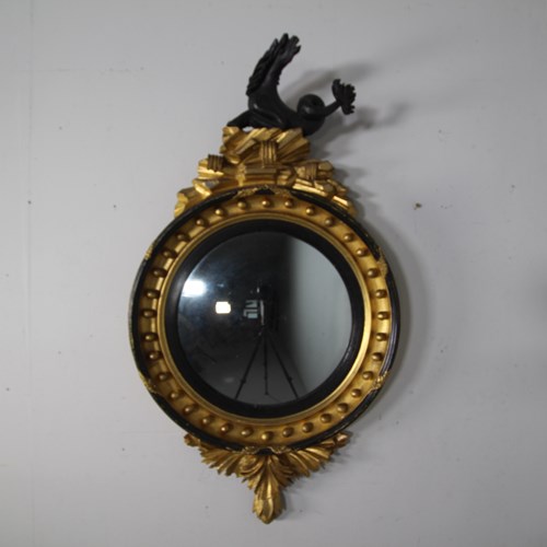 Large Regency Antique Gilt Convex Mirror With Hippocampus