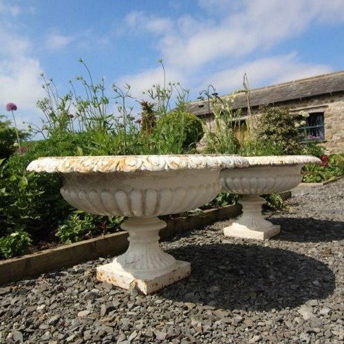 Pair Of Antique Cast Iron Garden Urns Of Large Proportions