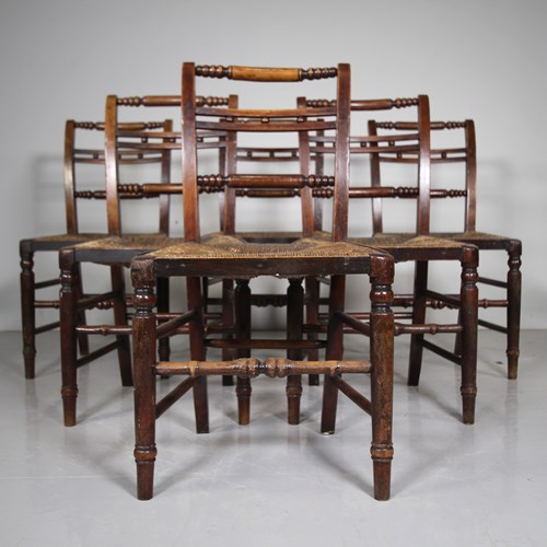 Set Of Six English Antique Fruitwood Dining Chairs